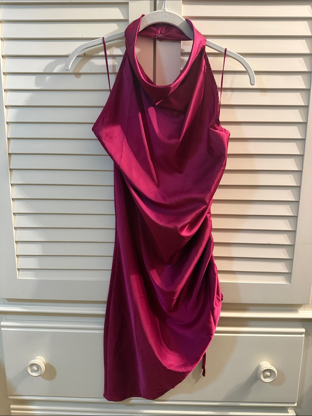 ACOA Sleeveless Draped Satin Dress in Magenta